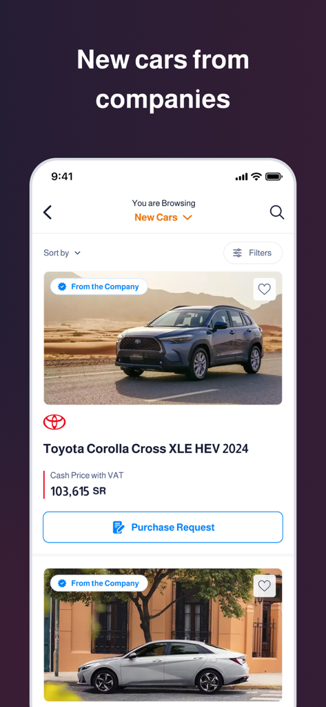 Motory - Cars For Sale Online - A mobile app interface showing a new Toyota Corolla Cross for sale with price in Saudi Riyals