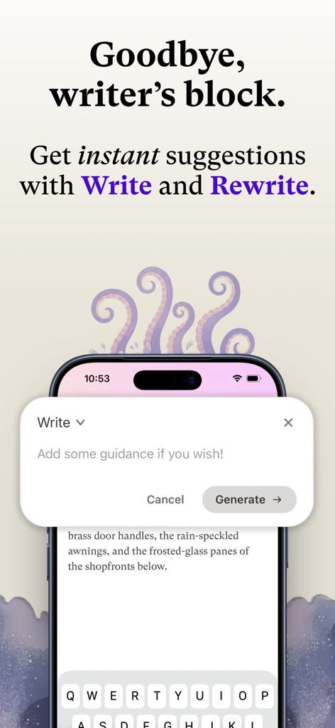 Sudowrite app interface featuring Write and Rewrite AI tools to overcome writer's block