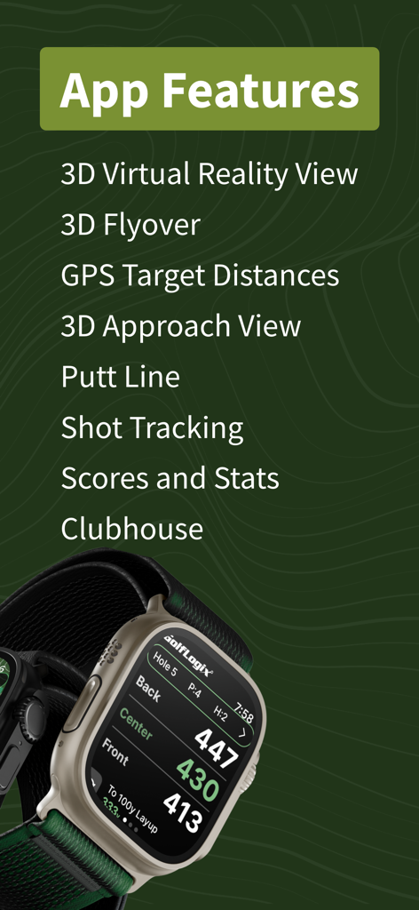 GolfLogix: 3D Golf Course GPS - A list of GolfLogix app features next to an Apple Watch displaying GPS golf distances