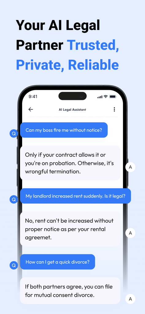 AI Lawyer - AI Legal Assistant - Una pantalla de smartphone que muestra una conversación de chat con un Asistente Legal IA respondiendo preguntas sobre leyes laborales y de alquiler.