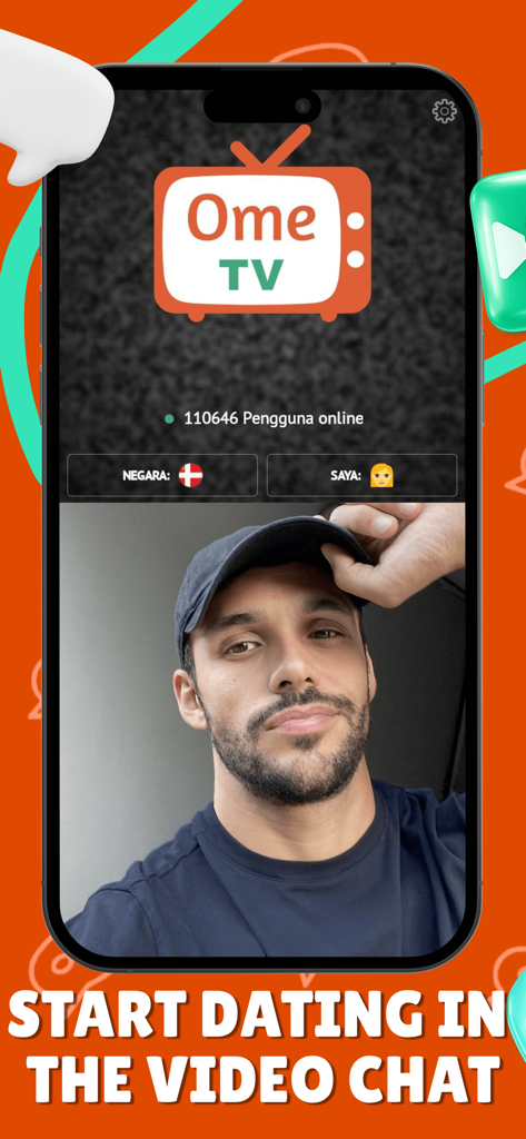 OmeTV : Video Chat - Tela de smartphone mostrando a interface de chat de vídeo OmeTV com um homem em uma chamada ao vivo e o texto Comece a Namorar no Chat de Vídeo.
