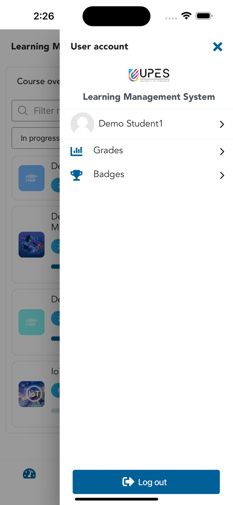 UPES LMS - UPES LMS app user account menu showing links for student grades and badges