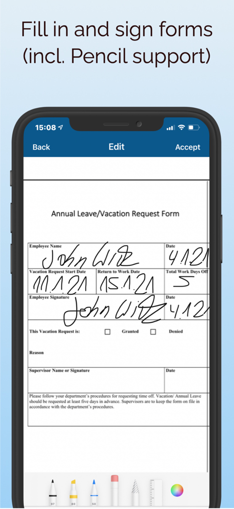 ScanBox – PDF Scanner & OCR - Oberfläche der ScanBox-App, die ein Urlaubsantragsformular zeigt, das auf einem iPhone ausgefüllt und unterschrieben wird