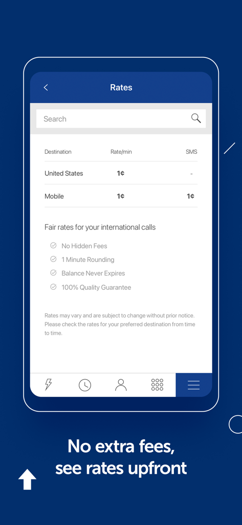 KeepCalling International - L'écran des tarifs d'appels internationaux de l'application KeepCalling n'affiche aucun frais caché.
