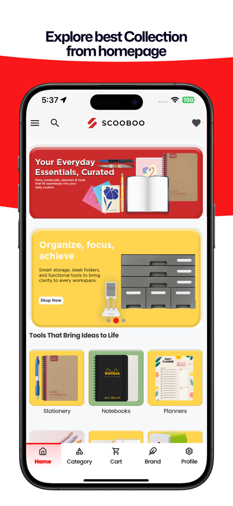 SCOOBOO - Der Startbildschirm der SCOOBOO-App, der kuratierte Schreibwarenkollektionen, Notizbücher und Planer anzeigt