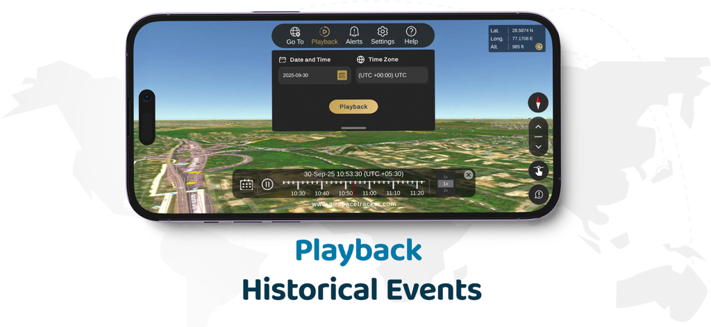 Interfaz de la aplicación AirspaceTracker que muestra la función de reproducción histórica en un mapa 3D