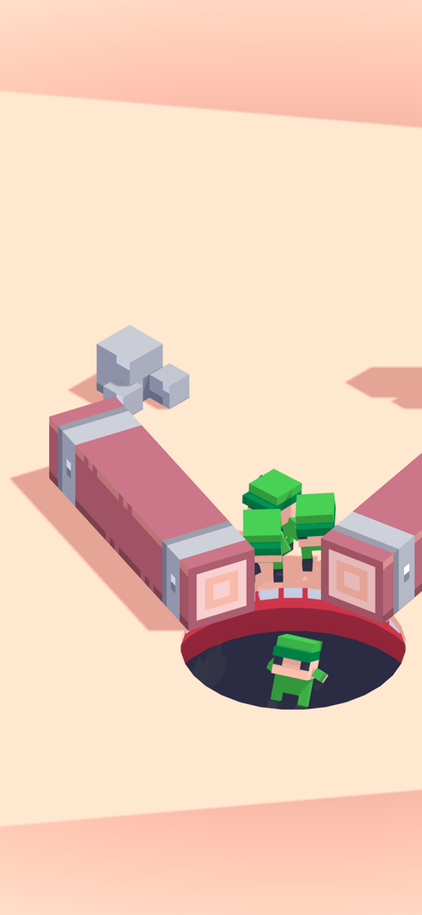 Gobble - Eat the World - Voxel characters in green outfits near a hole in the ground with pink barriers in the game Gobble Eat the World