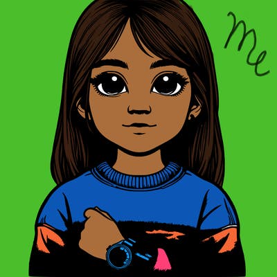 realistic 9 year old girl with medium long hair kind of skinny sort of big eyes a watch on her right wrist, and wearing a sunset dyed-tyed sweatshirt