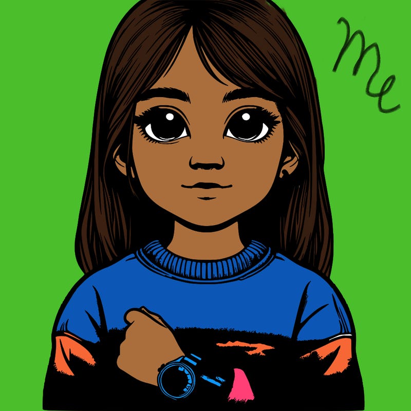 realistic 9 year old girl with medium long hair kind of skinny sort of big eyes a watch on her right wrist, and wearing a sunset dyed-tyed sweatshirt