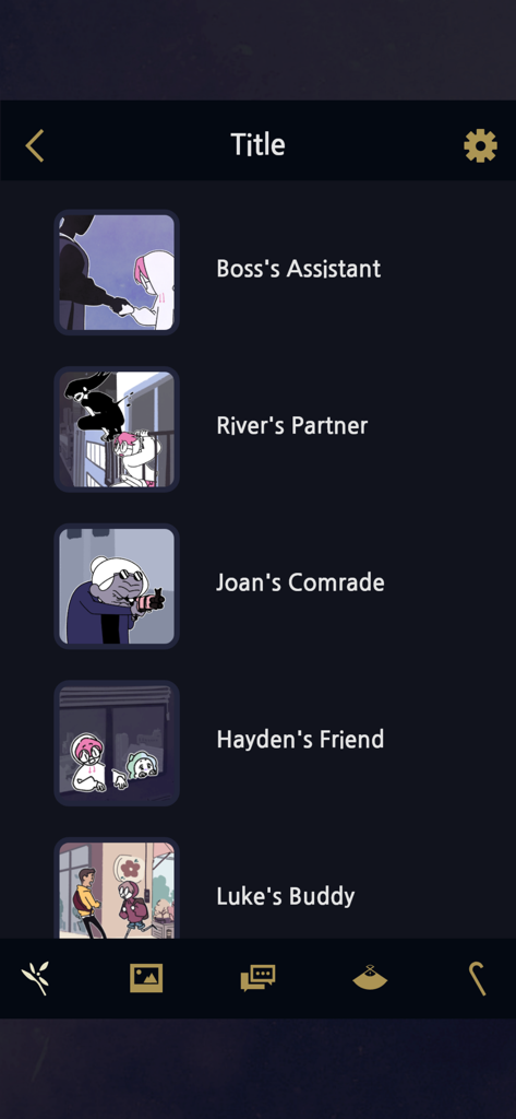 Underworld Office: Ghost Story - A menu screen from the Underworld Office game showing a list of character titles and associated illustrations such as Boss's Assistant and River's Partner.