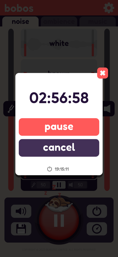Fan App - Sleep Aid - Interface showing a countdown sleep timer with pause and cancel buttons