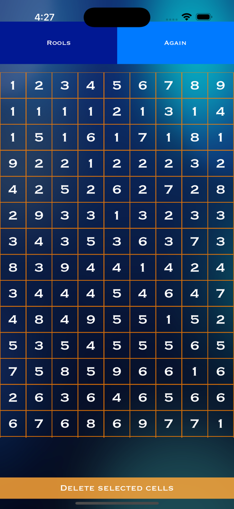A minimalist logic puzzle game screen showing a grid of numbers with controls for rules and restarting.