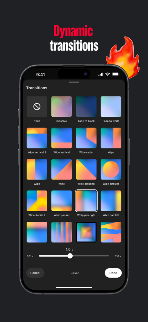 Une interface mobile pour l'application YouTube Create montrant une sélection de transitions dynamiques comme le fondu et le balayage pour le montage vidéo