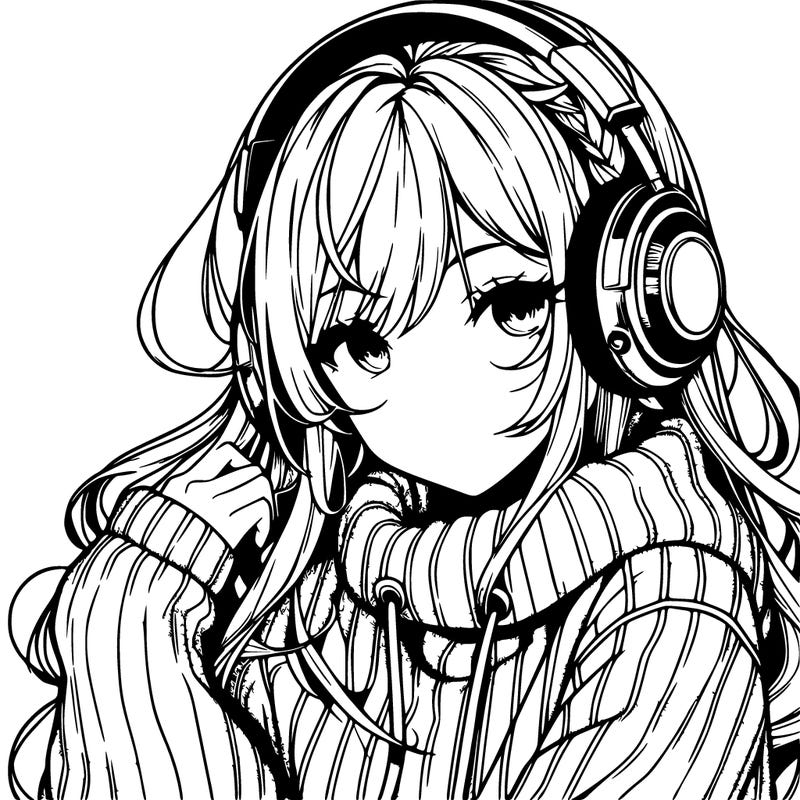 realistic anime girl with sweater and headphones