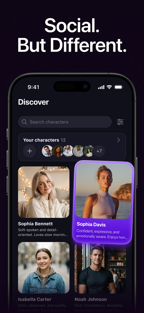 Fomo app discover screen showing various ai character profiles with photos and personality descriptions.
