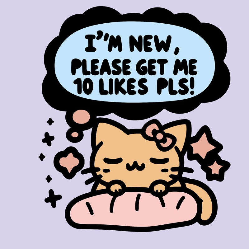 kitty taking a nap dream talking and saying "i'm new, please get me at least 10 likes pls!!"