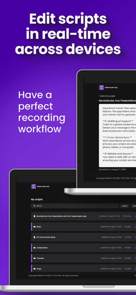 Interface do aplicativo Teleprompter para Criador de Vídeo em um laptop mostrando edição de roteiro em tempo real e recursos de sincronização entre dispositivos.