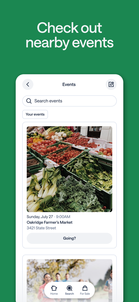 Nextdoor mobile app interface displaying local neighborhood events including a farmers market.