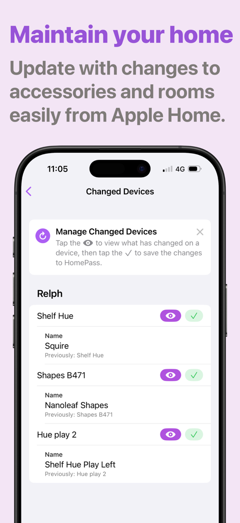 iPhone-Screenshot der HomePass App, der den Bildschirm 'Geänderte Geräte' zur Verwaltung von Smart-Home-Zubehör-Updates und Raumnamen zeigt