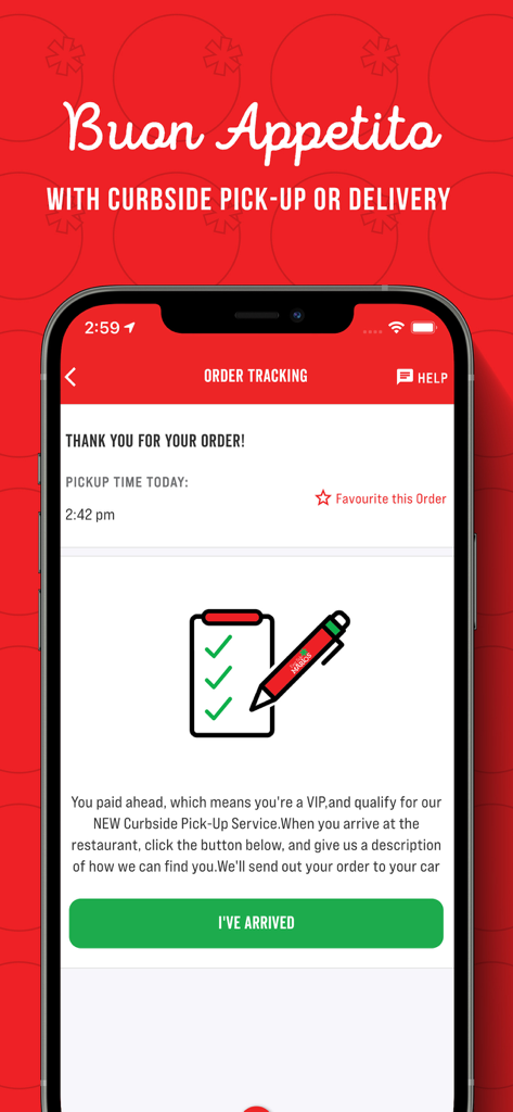 East Side Marios - East Side Marios mobile app order tracking screen for curbside pickup with an Ive Arrived button
