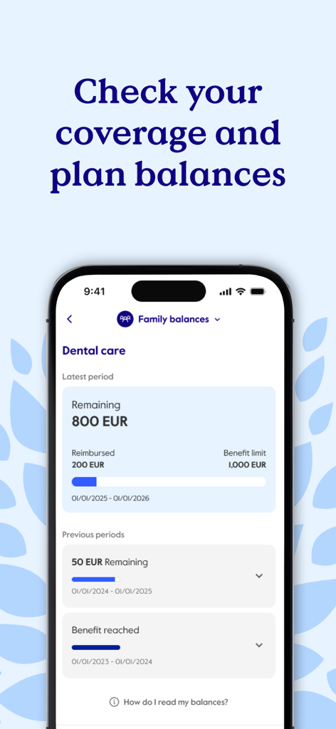 Aplicativo Cigna Health Benefits exibindo cobertura de cuidados odontológicos e saldos do plano familiar.