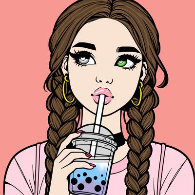 realistic girl with braided hair drinking boba