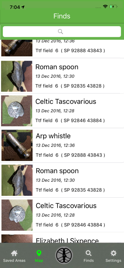 Tect O Trak - A list of metal detecting finds in the Tect O Trak app including a Roman spoon and Celtic coin with GPS coordinates