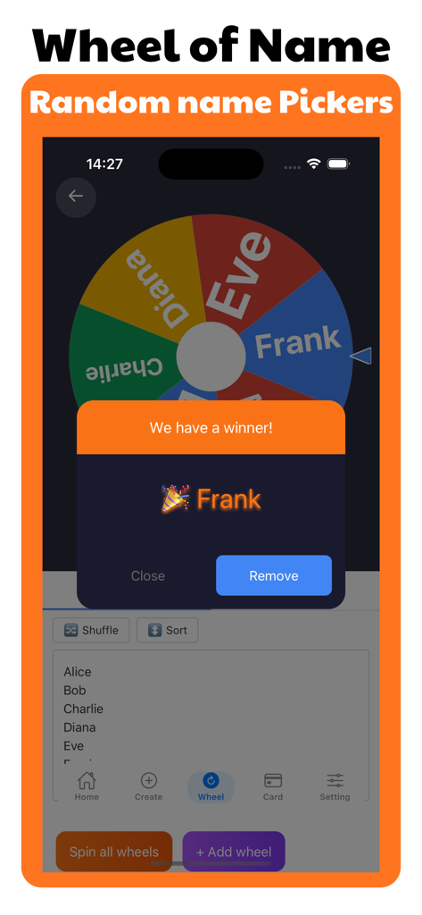 A colorful name picker spin wheel showing a popup with Frank as the chosen winner