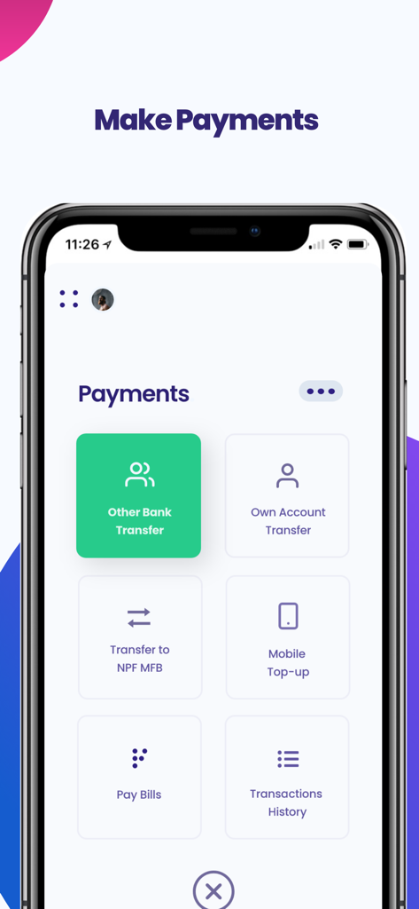 NPF Microfinance Bank - Pantalla de la aplicación NPF Microfinance Bank que muestra opciones de pago y transferencia de dinero.