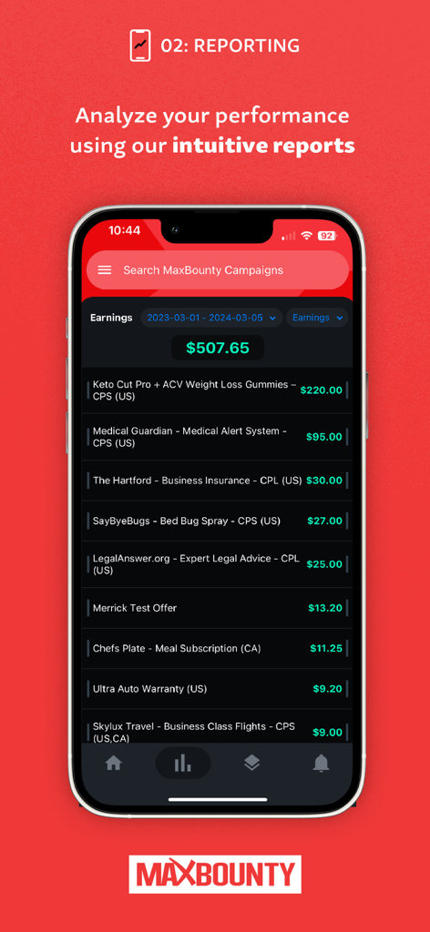 MaxBounty - MaxBounty mobile app dashboard showing performance reporting and detailed earnings for various affiliate marketing campaigns.
