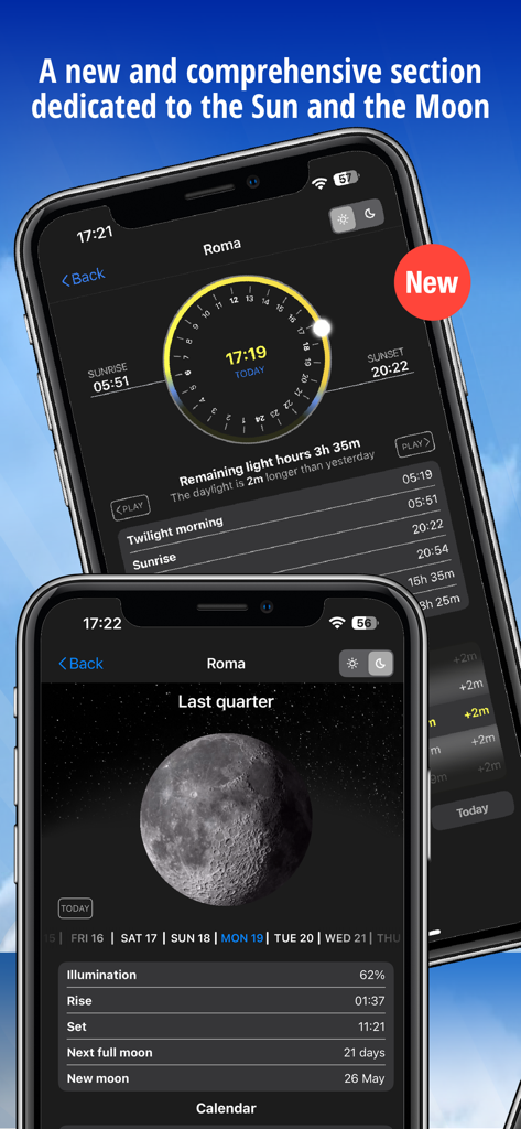 Screenshot dell'app Meteo che visualizza dati astronomici per le fasi del sole e della luna