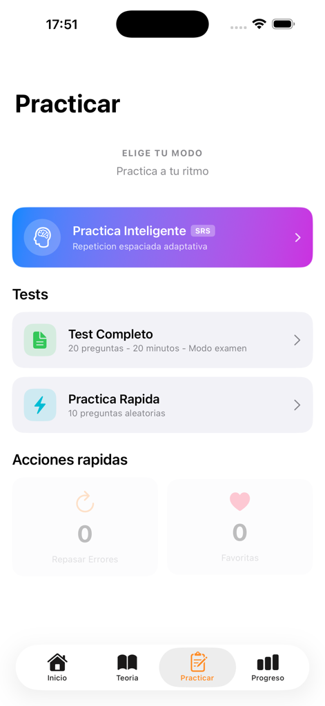 DGT A2 Test Master - Practice screen of the DGT A2 Test Master app featuring smart practice with SRS and full exam simulation.