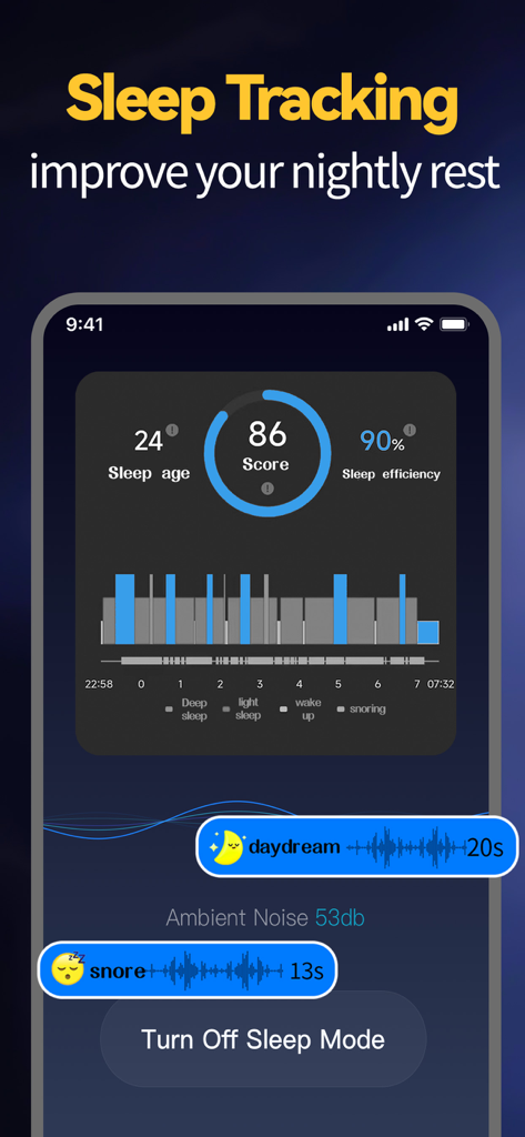 Smart Alarm Clock-Focus&Sleep - Smart Alarm Clock app interface showing sleep tracking analytics with a sleep score of 86 and sleep cycle graph.
