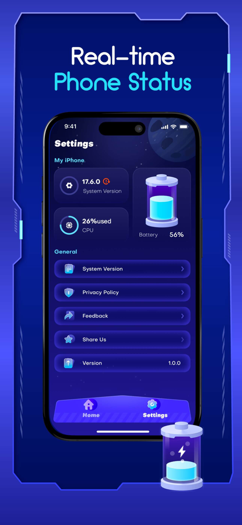 Dashboard iPhone che mostra l'utilizzo della CPU in tempo reale, il livello della batteria e le informazioni sulla versione del sistema