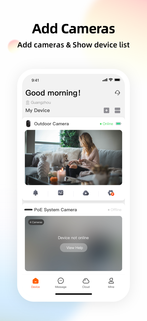LongVision - LongVision app interface showing a list of security cameras with a live video feed