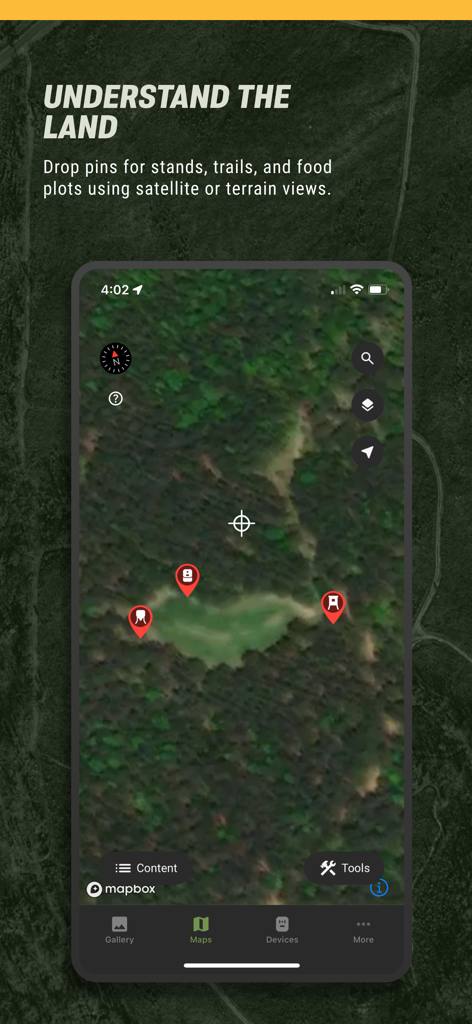 Moultrie - Moultrie mobile app showing a satellite map view with pins for hunting stands and trails
