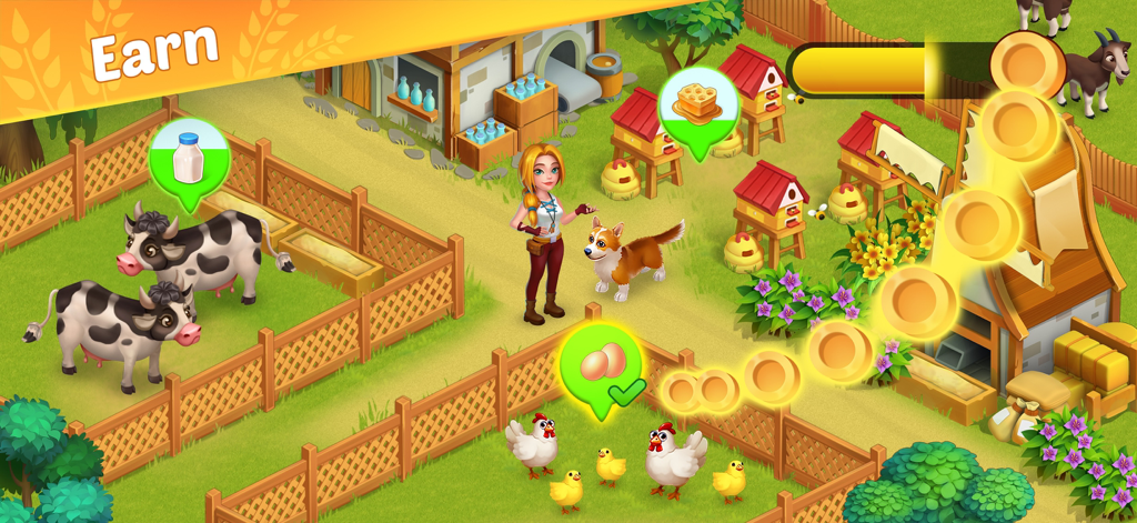 Dreamy Harvest: Farm Island - Amelia tending to farm animals and earning gold coins in Dreamy Harvest