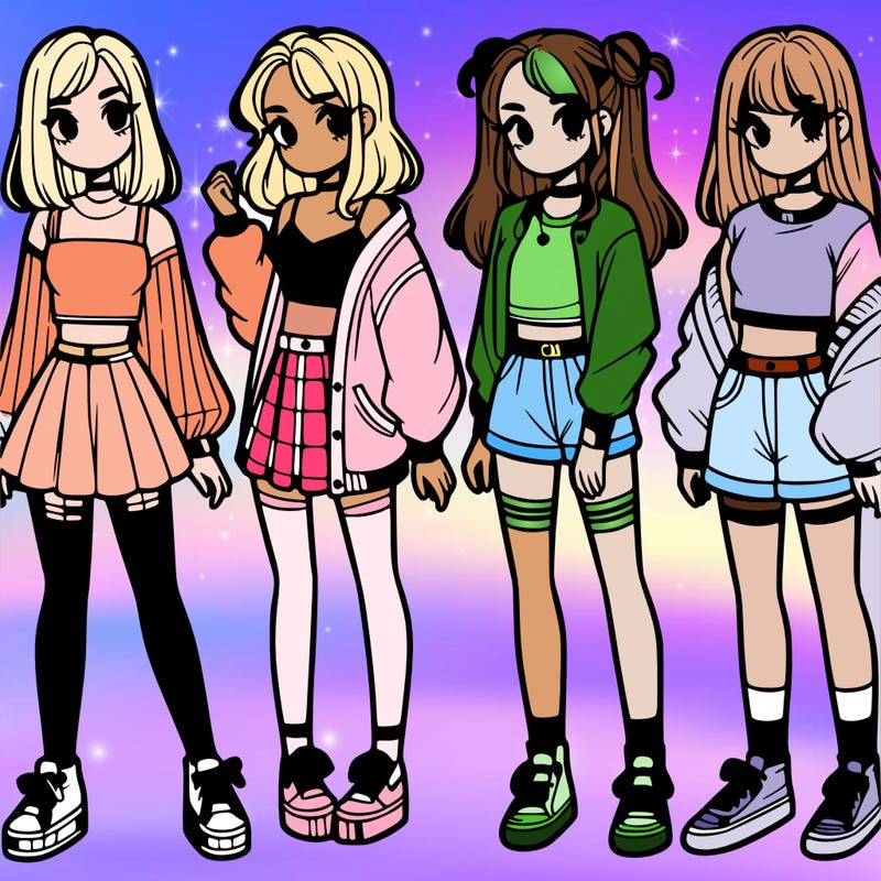 one girl with crop-top shirt and a jacket with a skirt, long socks and another girl with a shirt and pants with a jacket