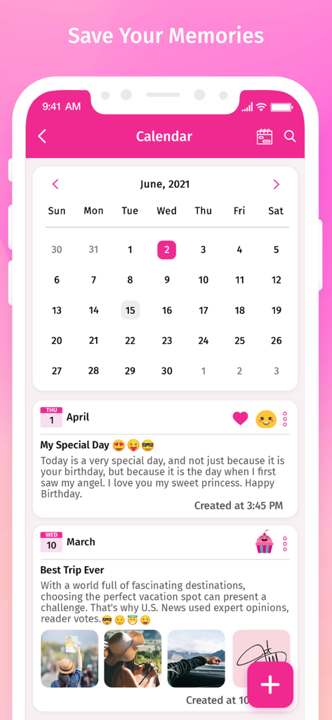 Secret Diary With Lock - A calendar interface in the Secret Diary app showing daily journal entries with photos and mood emojis