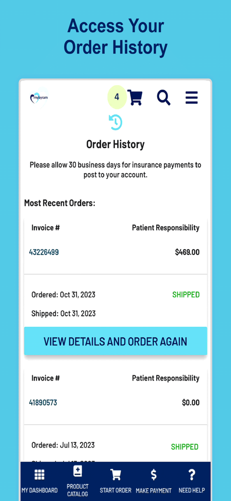 A screenshot of the mybyram mobile app showing the order history screen with invoice details and shipment status