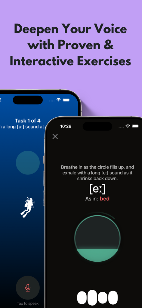 Deep Voice: Pitch Coach - Deep Voice app screen showing guided interactive vocal exercises for pitch training and voice deepening