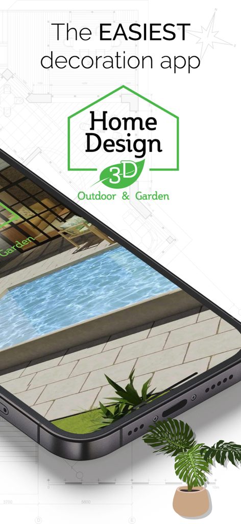 Home Design 3D Outdoor&Garden - Smartphone che mostra l'app Home Design 3D Outdoor and Garden con un rendering 3D di una piscina e di un patio