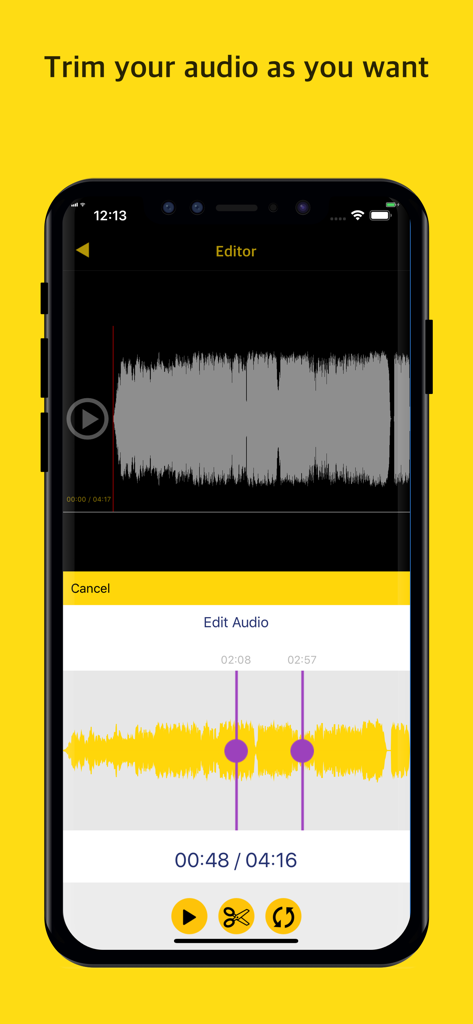 MusicMix - Play music offline - MusicMix app interface showing the audio editor tool used to trim and cut songs for custom ringtones.