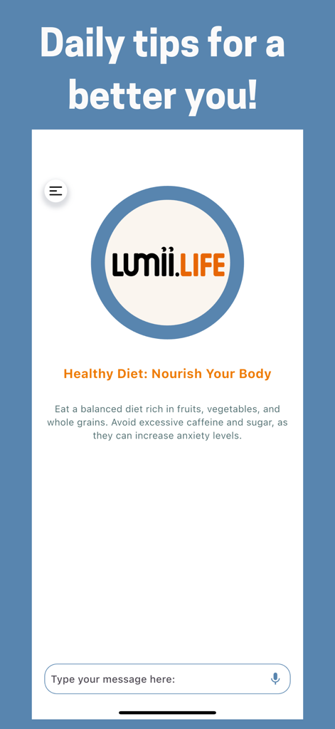 Lumii.life – AI Wellbeing App - Lumii life app screen showing a daily tip about healthy diet for anxiety management