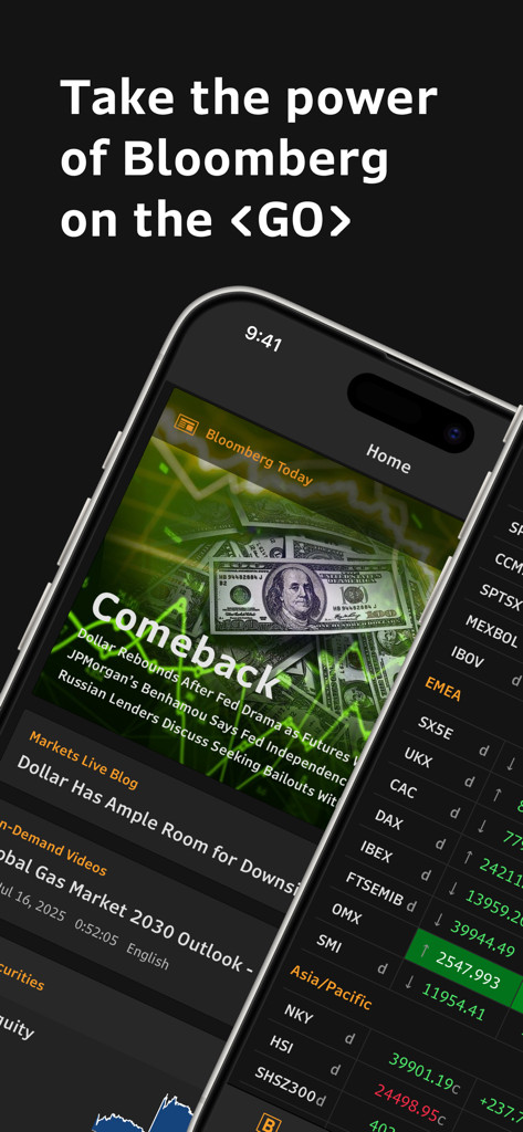 Application Bloomberg Professional affichant les données des marchés mondiaux et les actualités financières