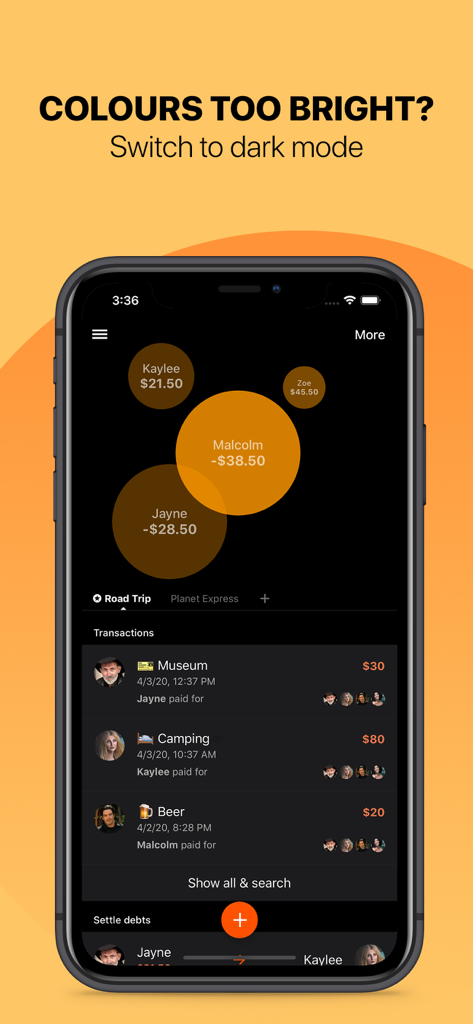 Settle Up - Group Expenses - Interfaccia dell'app Settle Up in modalità scura che mostra le spese di gruppo e la cronologia delle transazioni
