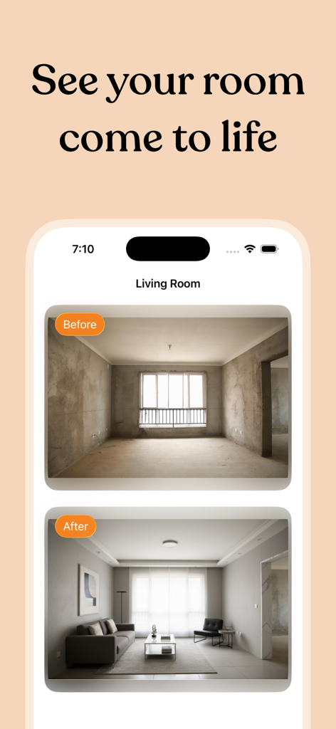 Comparação antes e depois de um cômodo vazio transformado em uma sala de estar moderna e mobiliada usando o aplicativo AI Home Design