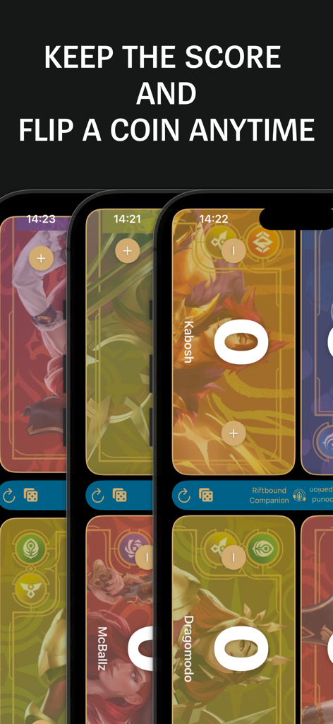 Riftbound Companion app score tracker interface for multiple players with coin flip and dice roll features.
