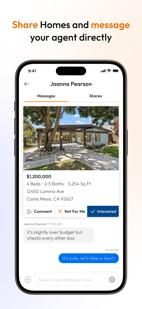 A mobile screen showing the Homes.com app chat feature where a user and an agent discuss a house listing in Costa Mesa California