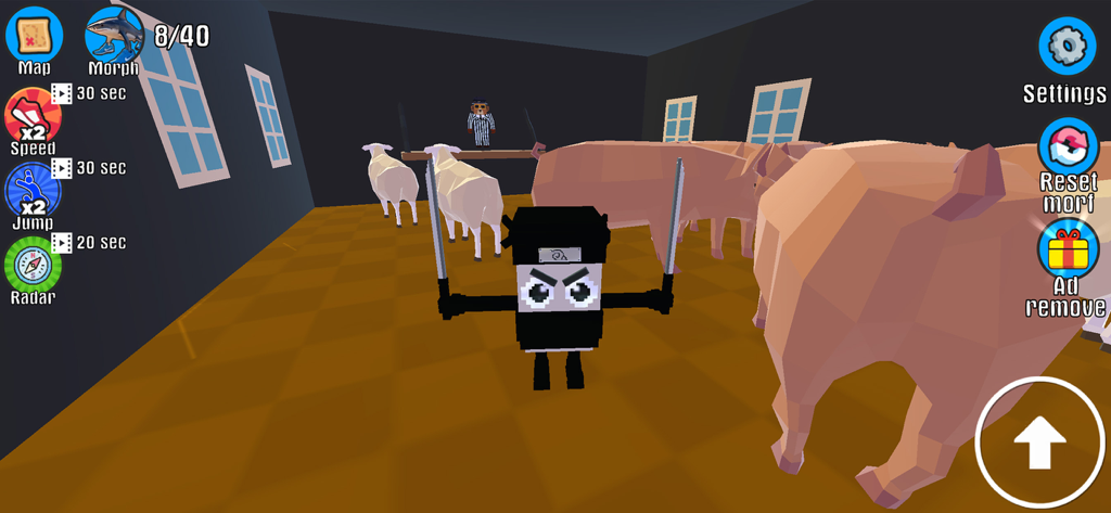 Find All Brainrot - Gameplay de Trouver Tout le Brainrot montrant un personnage ninja blocky et des animaux de ferme low poly dans un environnement de chasse au trésor 3D.